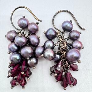 Purple Peacock Pearl & Garnet Grape Cluster Earrings Silver Ear Wire Tested